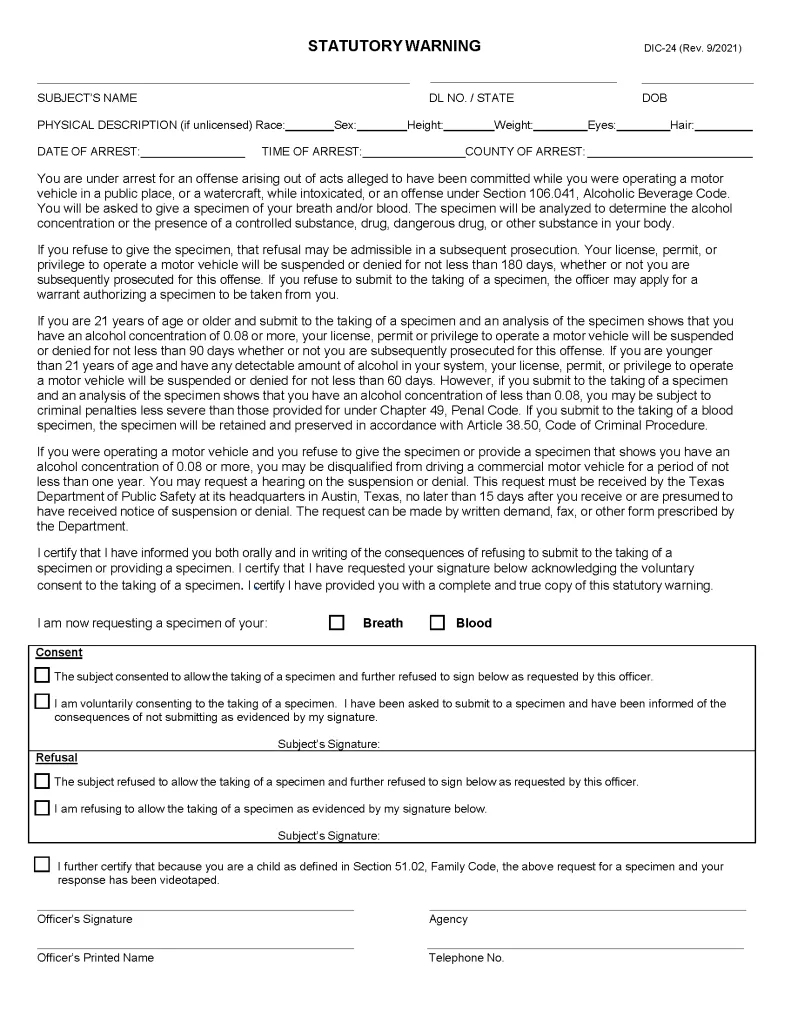 Statutory warning form for refusal or consent to provide a specimen for a DWI test