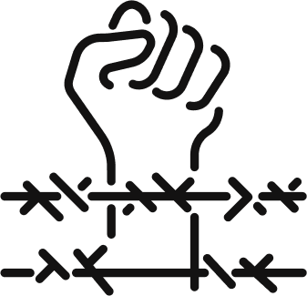 Icon of a raised fist breaking through a barbed wire